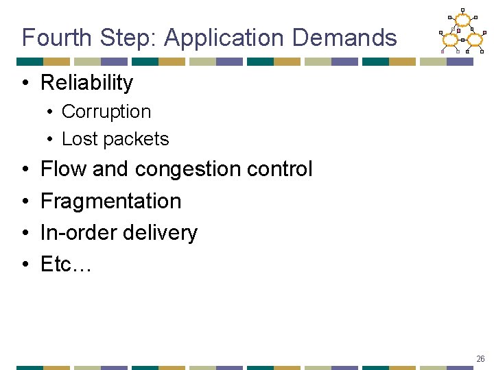 Fourth Step: Application Demands • Reliability • Corruption • Lost packets • • Flow