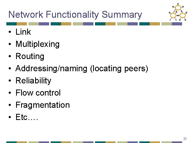 Network Functionality Summary • • Link Multiplexing Routing Addressing/naming (locating peers) Reliability Flow control