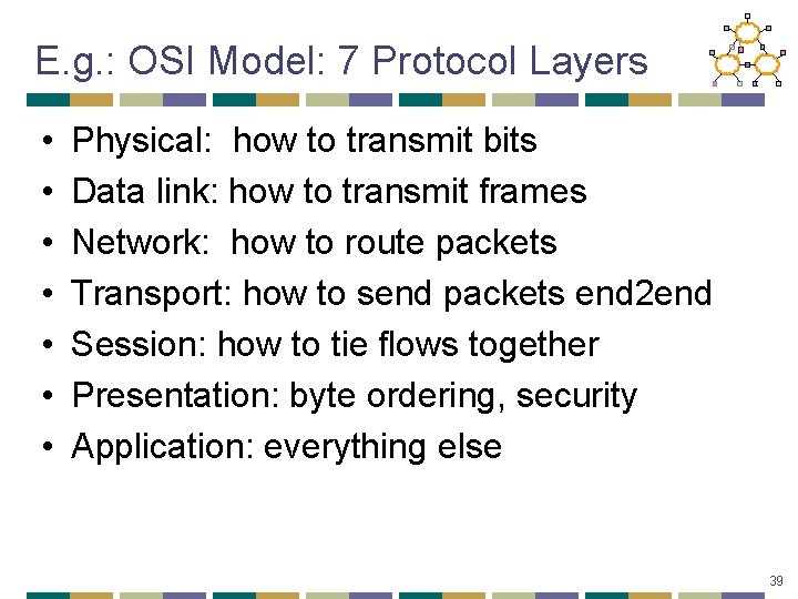 E. g. : OSI Model: 7 Protocol Layers • • Physical: how to transmit