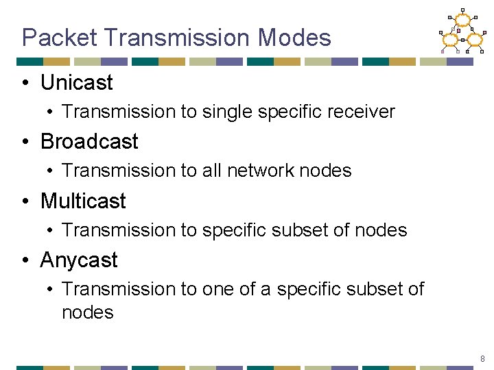 Packet Transmission Modes • Unicast • Transmission to single specific receiver • Broadcast •