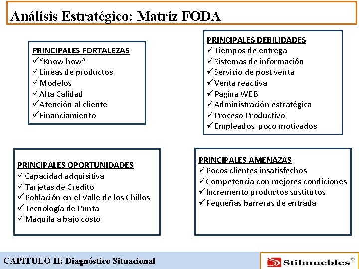 Análisis Estratégico: Matriz FODA PRINCIPALES FORTALEZAS ü“Know how“ üLíneas de productos üModelos üAlta Calidad