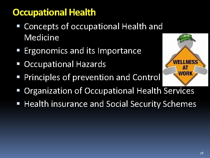 Occupational Health Concepts of occupational Health and Medicine Ergonomics and its Importance Occupational Hazards
