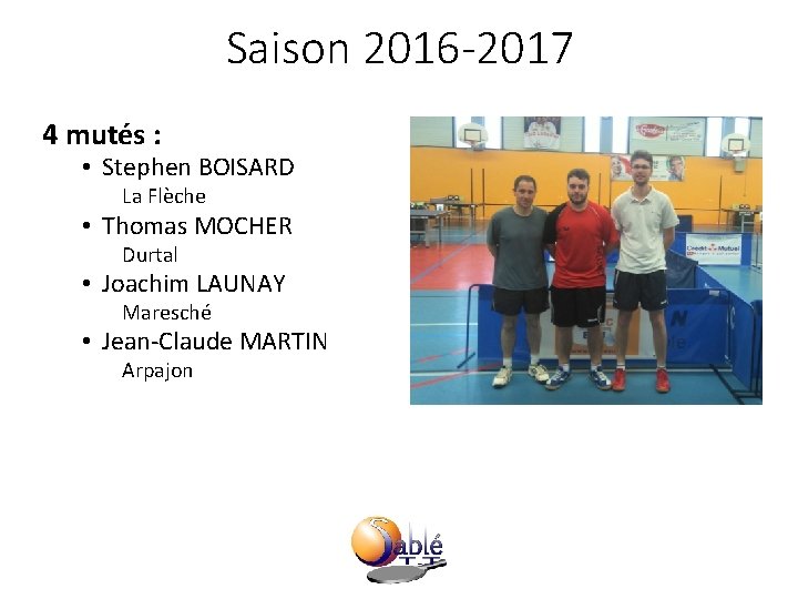 Saison 2016 -2017 4 mutés : • Stephen BOISARD La Flèche • Thomas MOCHER