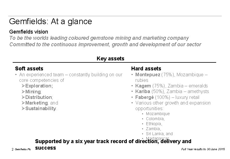 Gemfields: At a glance Gemfields vision To be the worlds leading coloured gemstone mining