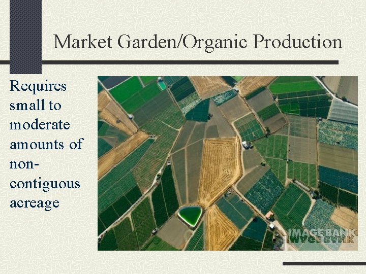 Market Garden/Organic Production Requires small to moderate amounts of noncontiguous acreage 