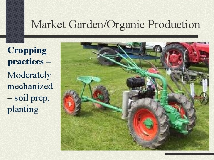 Market Garden/Organic Production Cropping practices – Moderately mechanized – soil prep, planting 