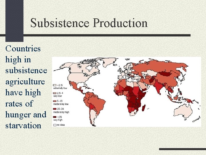 Subsistence Production Countries high in subsistence agriculture have high rates of hunger and starvation