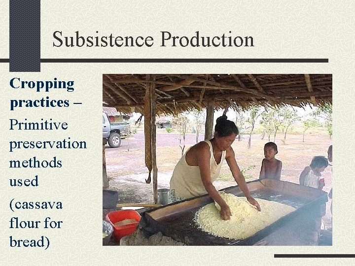 Subsistence Production Cropping practices – Primitive preservation methods used (cassava flour for bread) 