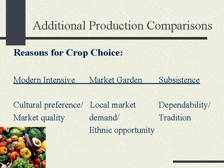 Additional Production Comparisons Reasons for Crop Choice: Modern Intensive Market Garden Subsistence Cultural preference/