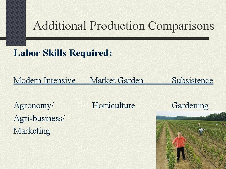 Additional Production Comparisons Labor Skills Required: Modern Intensive Market Garden Subsistence Agronomy/ Agri-business/ Marketing