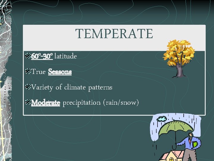 TEMPERATE 60 o-30 o latitude True Seasons Variety of climate patterns Moderate precipitation (rain/snow)