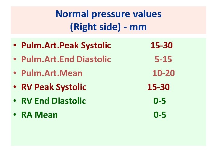 Normal pressure values (Right side) - mm • • • Pulm. Art. Peak Systolic