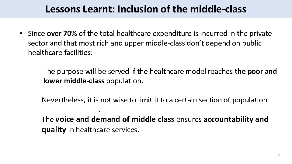 Lessons Learnt: Inclusion of the middle-class • Since over 70% of the total healthcare