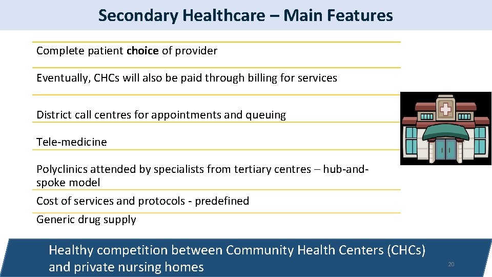 Secondary Healthcare – Main Features Complete patient choice of provider Eventually, CHCs will also