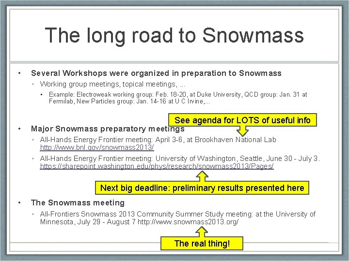 The long road to Snowmass • Several Workshops were organized in preparation to Snowmass