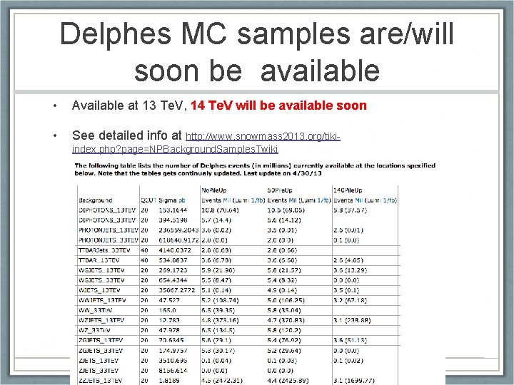 Delphes MC samples are/will soon be available • Available at 13 Te. V, 14