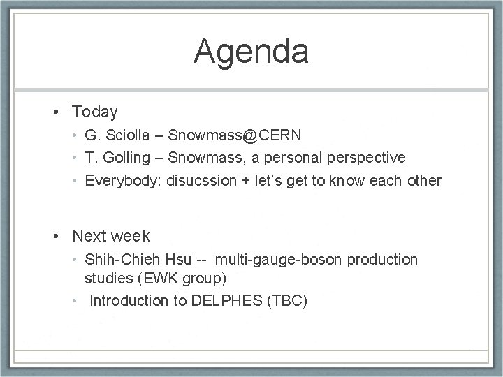 Agenda • Today • G. Sciolla – Snowmass@CERN • T. Golling – Snowmass, a