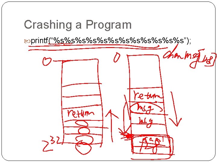 Crashing a Program printf(“%s%s%s%s%s%s”); 