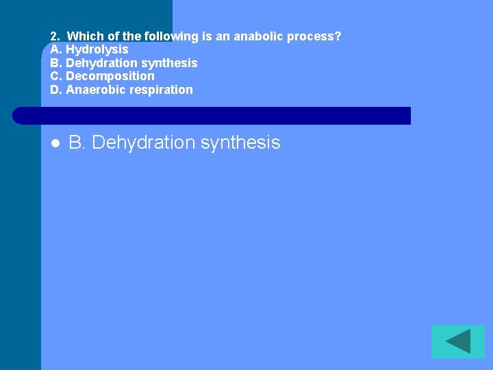 2. Which of the following is an anabolic process? A. Hydrolysis B. Dehydration synthesis