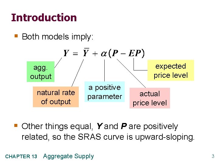 Introduction § Both models imply: expected price level agg. output natural rate of output