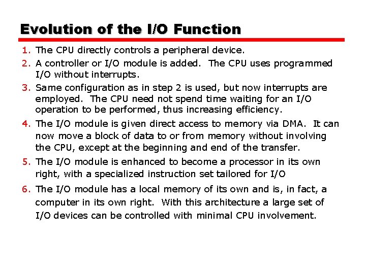 Evolution of the I/O Function 1. The CPU directly controls a peripheral device. 2.