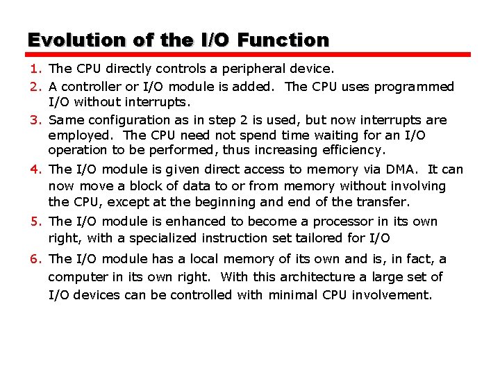Evolution of the I/O Function 1. The CPU directly controls a peripheral device. 2. Evolution of the I/O Function 1. The CPU directly controls a peripheral device. 2.