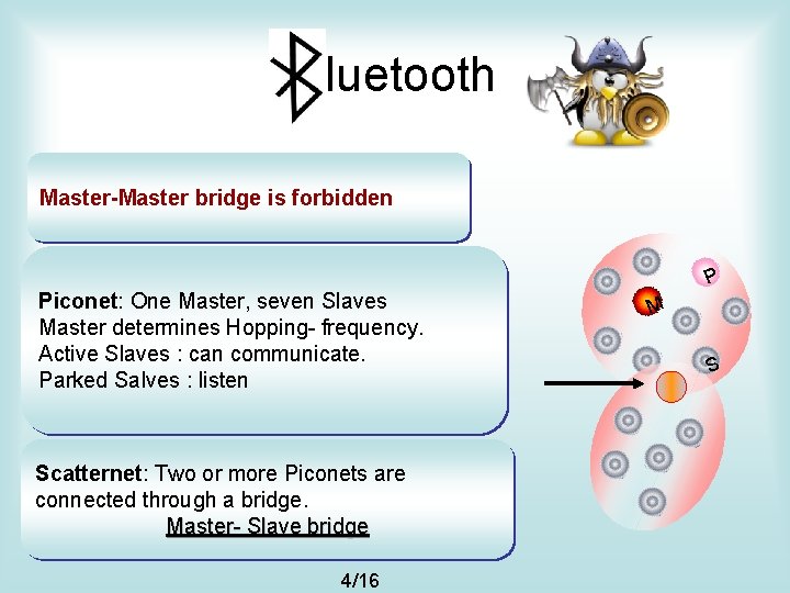 Bluetooth Master-Master bridge is forbidden P Piconet: One Master, seven Slaves Master determines Hopping-