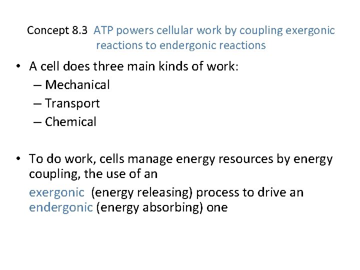 Concept 8. 3 ATP powers cellular work by coupling exergonic reactions to endergonic reactions