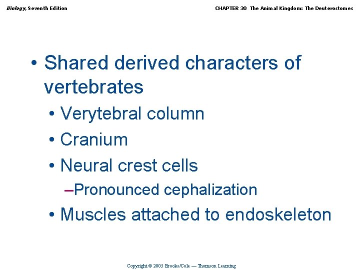 Biology, Seventh Edition CHAPTER 30 The Animal Kingdom: The Deuterostomes • Shared derived characters