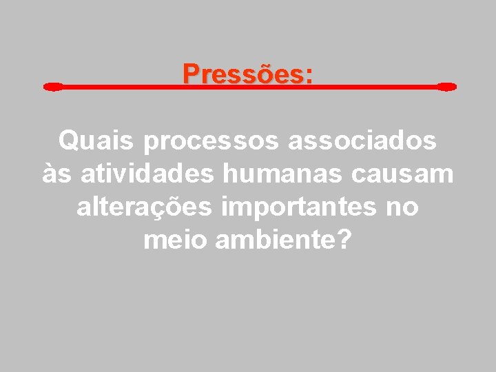 Pressões: Pressões Quais processos associados às atividades humanas causam alterações importantes no meio ambiente?