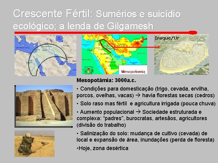 Crescente Fértil: Sumérios e suicídio ecológico; a lenda de Gilgamesh Iraque/Ur Mesopotâmia: 3000 a.