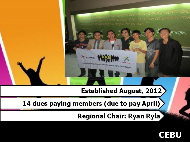 Established August, 2012 14 dues paying members (due to pay April) Regional Chair: Ryan