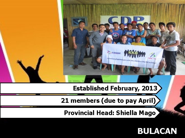 Established February, 2013 21 members (due to pay April) Provincial Head: Shiella Mago BULACAN