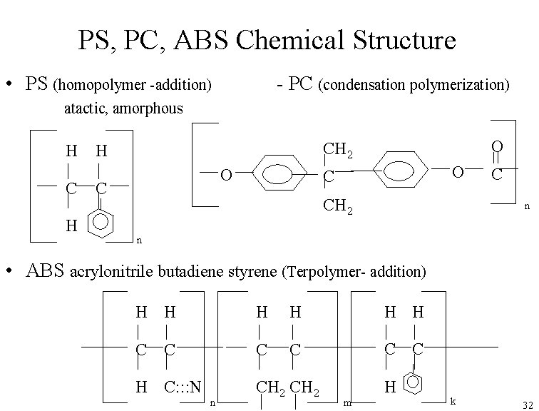 PS, PC, ABS Chemical Structure • PS (homopolymer -addition) - PC (condensation polymerization) atactic,