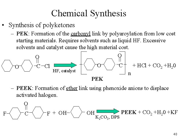 Chemical Synthesis • Synthesis of polyketones – PEK: Formation of the carbonyl link by