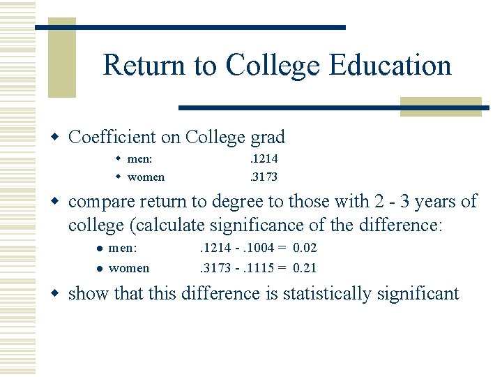 Return to College Education w Coefficient on College grad w men: w women .