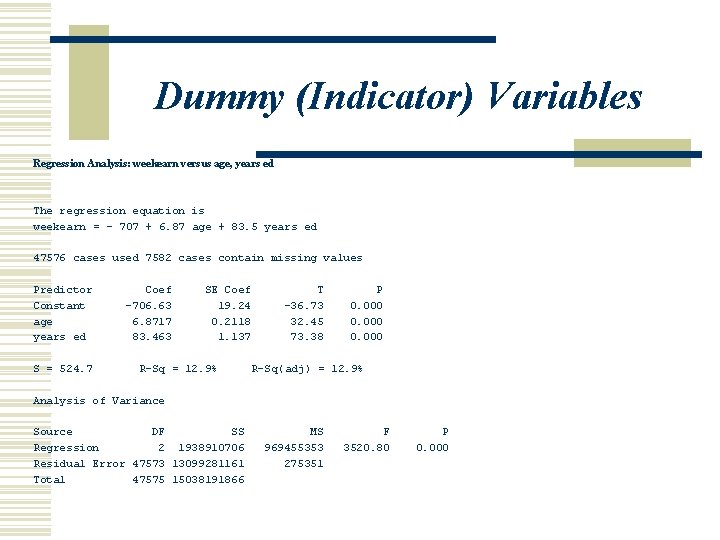 Dummy (Indicator) Variables Regression Analysis: weekearn versus age, years ed The regression equation is