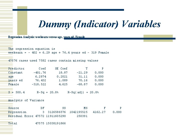 Dummy (Indicator) Variables Regression Analysis: weekearn versus age, years ed, Female The regression equation