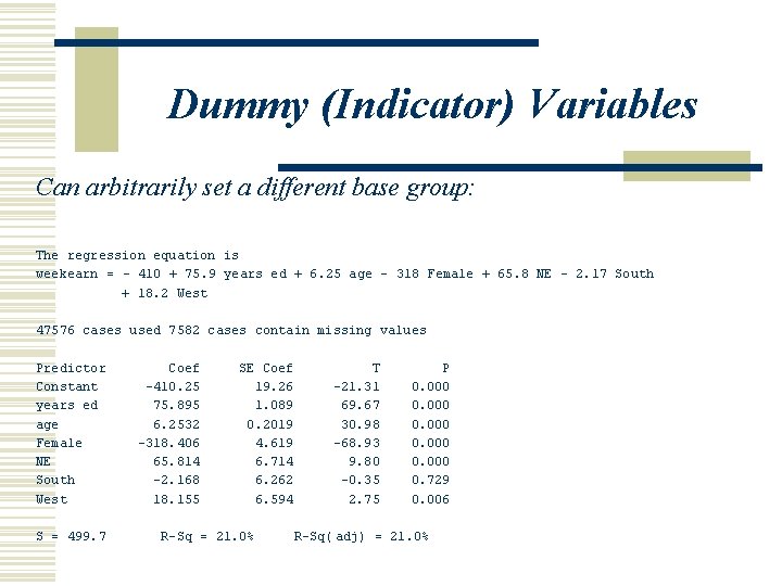 Dummy (Indicator) Variables Can arbitrarily set a different base group: The regression equation is