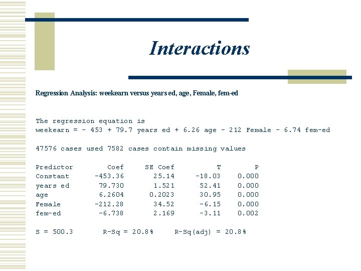 Interactions Regression Analysis: weekearn versus years ed, age, Female, fem-ed The regression equation is