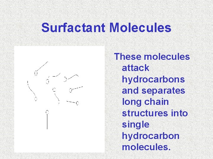 Surfactant Molecules These molecules attack hydrocarbons and separates long chain structures into single hydrocarbon