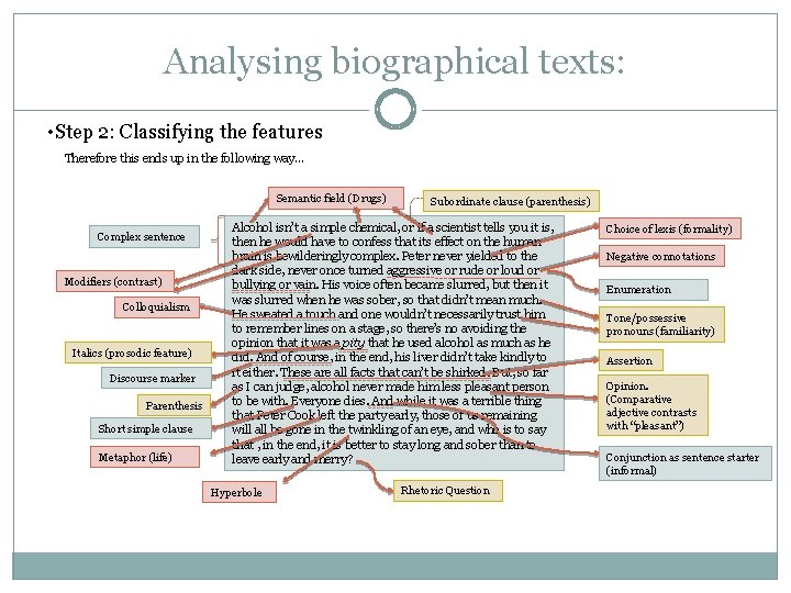 Analysing biographical texts: • Step 2: Classifying the features Therefore this ends up in