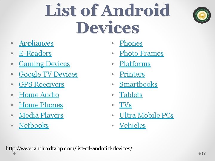 List of Android Devices • • • Appliances E-Readers Gaming Devices Google TV Devices