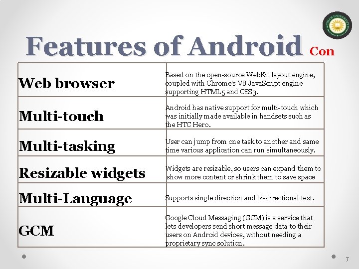 Features of Android Con Web browser Based on the open-source Web. Kit layout engine,