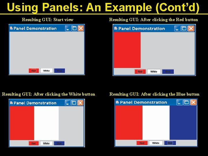 Using Panels: An Example (Cont’d) Resulting GUI: Start view Resulting GUI: After clicking the