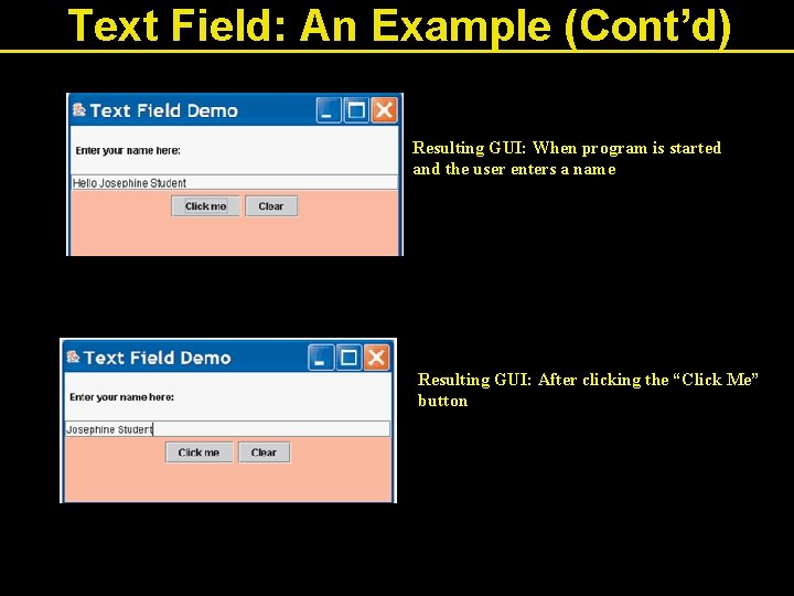 Text Field: An Example (Cont’d) Resulting GUI: When program is started and the user