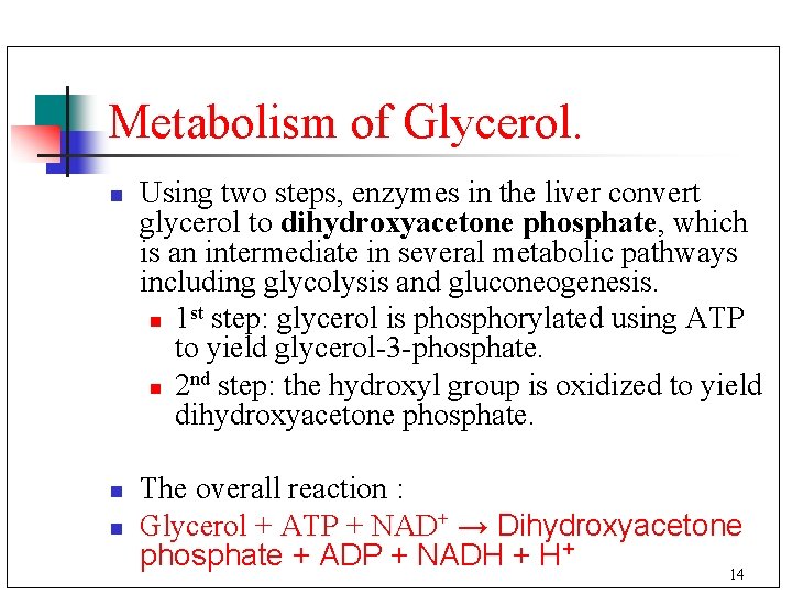 Metabolism of Glycerol. n n n Using two steps, enzymes in the liver convert