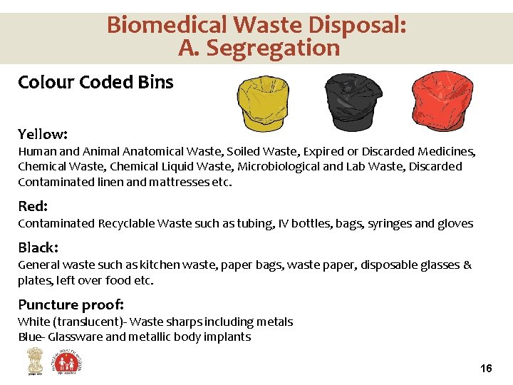 Biomedical Waste Disposal: A. Segregation Colour Coded Bins Yellow: Human and Animal Anatomical Waste,
