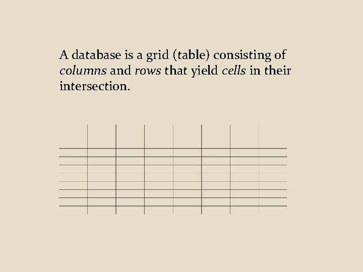 A database is a grid (table) consisting of columns and rows that yield cells